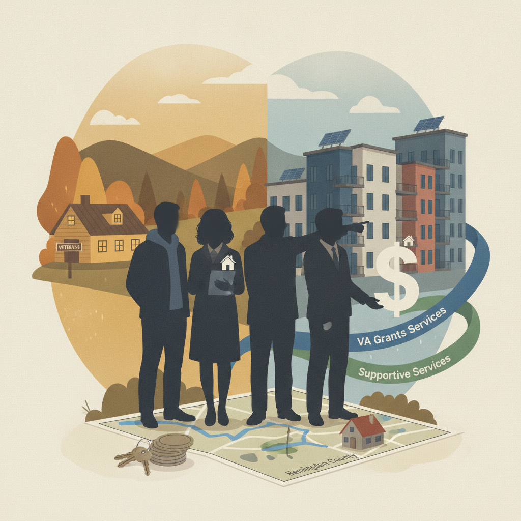 Illustration showing a group of people discussing housing solutions with a map, — VA Grants for Homeless Veterans Vermont