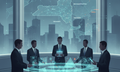 Five professionals discussing New York AI regulation in a futuristic conference room with city skyline and digital maps.