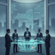 Five professionals discussing New York AI regulation in a futuristic conference room with city skyline and digital maps.