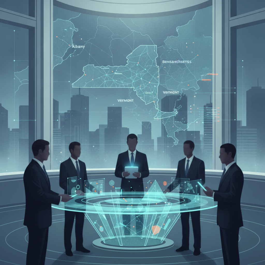Five professionals discussing New York AI regulation in a futuristic conference room with city skyline and digital maps.