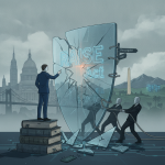 A businessman stands on books, pointing at a shattered shield labeled 'RAISE Act,' symbolizing New York AI Regulation.