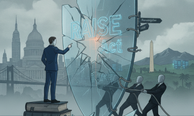 A businessman stands on books, pointing at a shattered shield labeled 'RAISE Act,' symbolizing New York AI Regulation.
