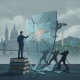 A businessman stands on books, pointing at a shattered shield labeled 'RAISE Act,' symbolizing New York AI Regulation.