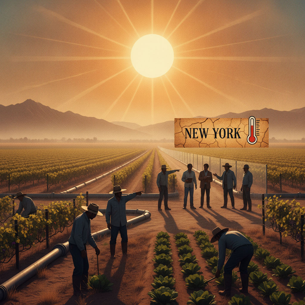 Agricultural laborers tending crop fields under the sun during New York farmworkers extreme heat conditions.