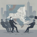 Illustration depicting sheriffs pulling on a rope in front of a crumpled map of New York, — New York Sheriffs ICE Lawsuit