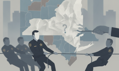 Illustration depicting sheriffs pulling on a rope in front of a crumpled map of New York, — New York Sheriffs ICE Lawsuit