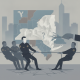 Illustration depicting sheriffs pulling on a rope in front of a crumpled map of New York, — New York Sheriffs ICE Lawsuit