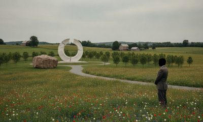 A person stands in a meadow of wildflowers near a memorial boulder and a circular monument. — Flight 93 25th anniversary