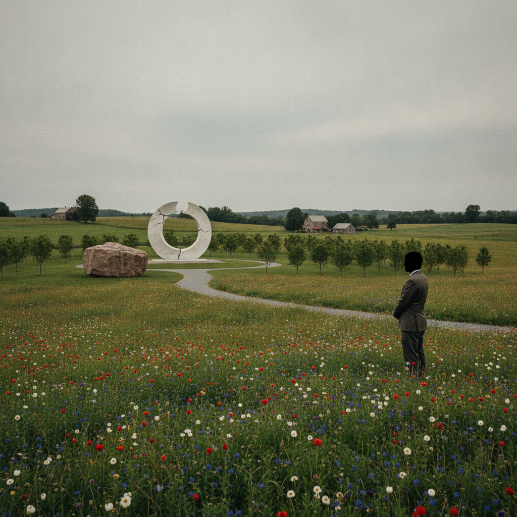 A person stands in a meadow of wildflowers near a memorial boulder and a circular monument. — Flight 93 25th anniversary