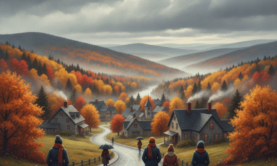 Four figures walking down a winding road through colorful autumn foliage in the Bennington V — Bennington weather forecast