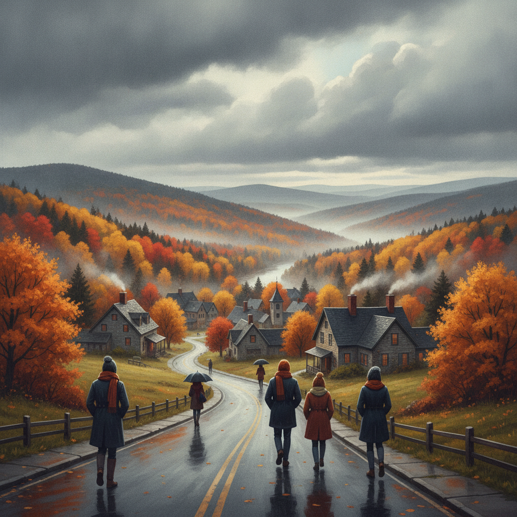 Four figures walking down a winding road through colorful autumn foliage in the Bennington V — Bennington weather forecast