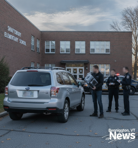 A silver Subaru Forester parked outside Shaftsbury Elementary School as police invest — Shaftsbury Elementary School Theft