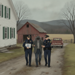 Two police officers escort a man in handcuffs along a rural road near a farmhouse and barn in P — Pownal VT Forgery Arrest