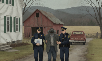 Two police officers escort a man in handcuffs along a rural road near a farmhouse and barn in P — Pownal VT Forgery Arrest