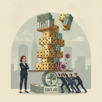 An illustration depicting a woman in a suit overseeing a precarious stack of dice and mone — resorts world nyc tax dispute