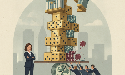 An illustration depicting a woman in a suit overseeing a precarious stack of dice and mone — resorts world nyc tax dispute