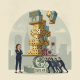 An illustration depicting a woman in a suit overseeing a precarious stack of dice and mone — resorts world nyc tax dispute