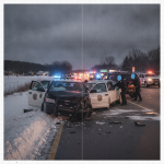 Damaged police cruiser and vehicles at the scene of a multi-car crash on Route 7 in Benningt — Route 7 Crash Bennington VT