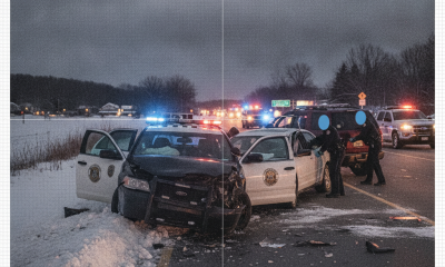 Damaged police cruiser and vehicles at the scene of a multi-car crash on Route 7 in Benningt — Route 7 Crash Bennington VT