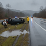 A rolled-over SUV on the shoulder of Route 7 in Shaftsbury, VT, with emergency responders an — Route 7 crash Shaftsbury VT