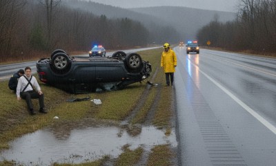 A rolled-over SUV on the shoulder of Route 7 in Shaftsbury, VT, with emergency responders an — Route 7 crash Shaftsbury VT