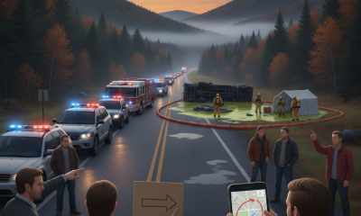 Emergency responders at a hazmat spill site on Route 9 in Bennington, with traffic detours — Route 9 Bennington VT Closure