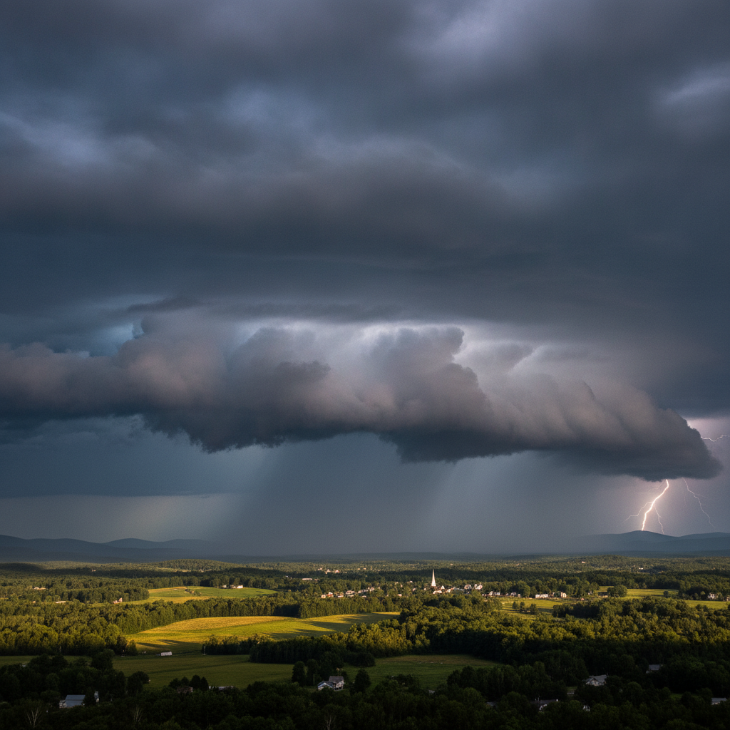 Dramatic storm clouds over a rural landscape with lightning in the distance, i — severe thunderstorm warning Bennington VT