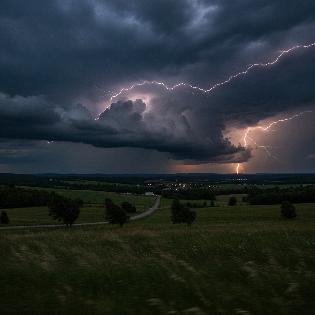 Dramatic storm clouds with lightning over a rural landscape, indicating a se — severe thunderstorm watch Bennington County
