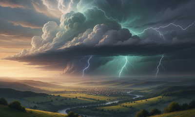 Dramatic thunderstorm clouds with lightning over a valley, indicating a seve — severe thunderstorm watch Bennington County