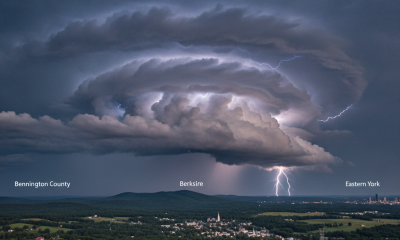 Dramatic storm clouds over Bennington County with lightning striking, indica — severe thunderstorm watch bennington county