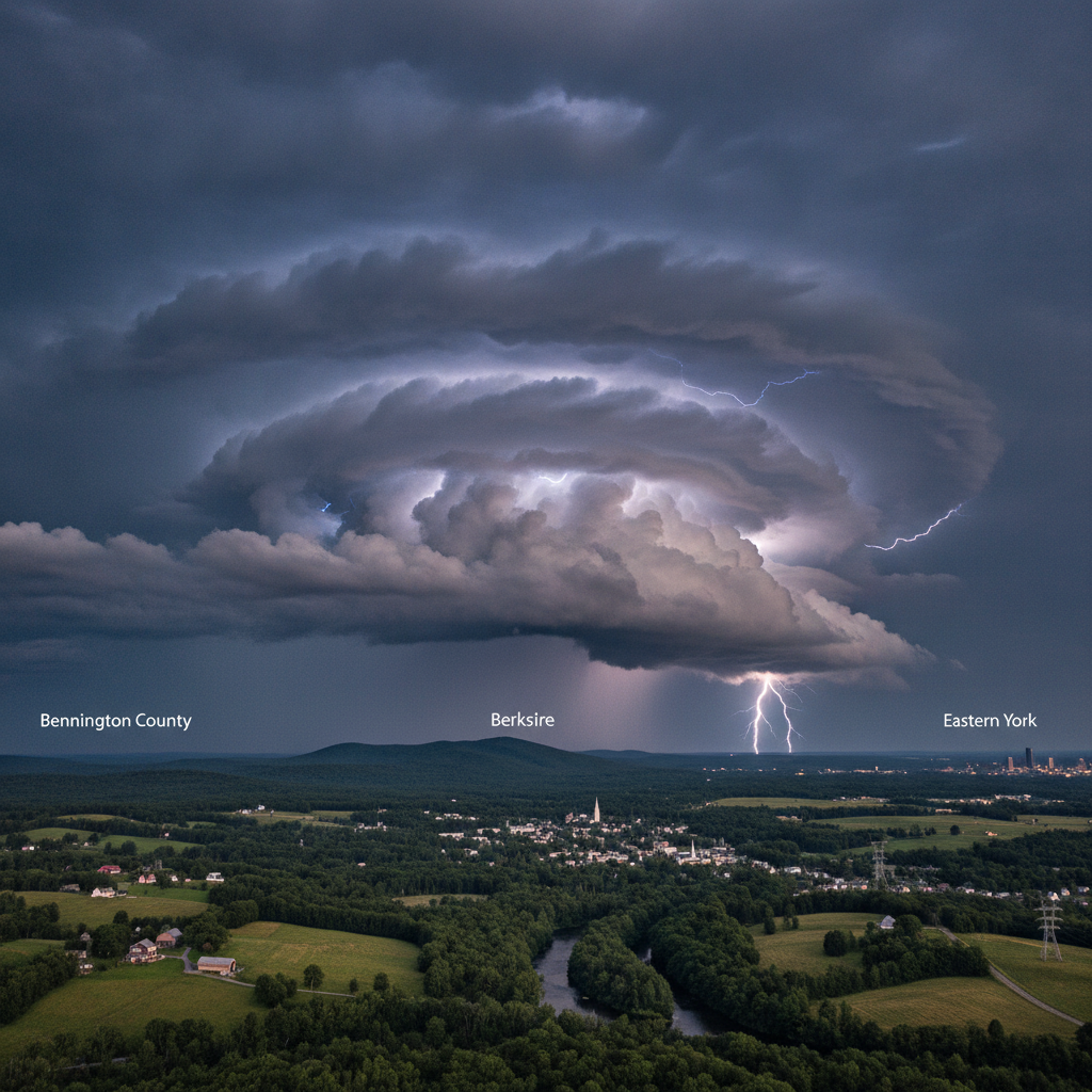 Dramatic storm clouds over Bennington County with lightning striking, indica — severe thunderstorm watch bennington county