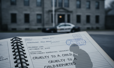 Open notebook with text about cruelty to a child incident outside Shaftsbury Barr — Shaftsbury barracks cruelty to a child