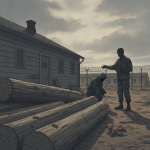 Two figures in a military setting, one inspecting logs while the other — Shaftsbury barracks sexual assault investigation