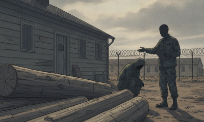 Two figures in a military setting, one inspecting logs while the other — Shaftsbury barracks sexual assault investigation