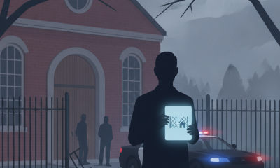 Silhouette of a person holding a sign near a police car outside a building, wit — Vermont State Police Shaftsbury Barracks