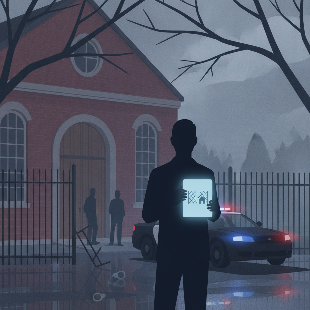 Silhouette of a person holding a sign near a police car outside a building, wit — Vermont State Police Shaftsbury Barracks