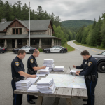Two police officers reviewing documents at a table outside the Shaftsbury State — Shaftsbury State Police Excessive Speed