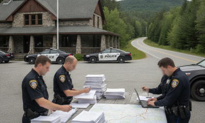 Two police officers reviewing documents at a table outside the Shaftsbury State — Shaftsbury State Police Excessive Speed