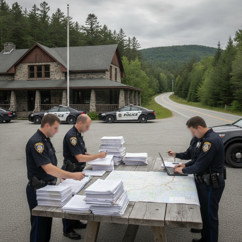 Two police officers reviewing documents at a table outside the Shaftsbury State — Shaftsbury State Police Excessive Speed