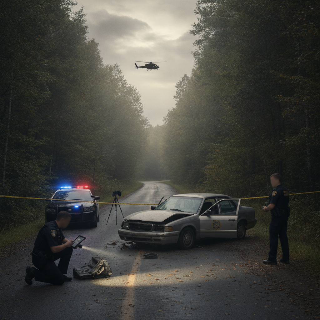 Vermont State Police cruiser lights active during a Shaftsbury VT hit and run road investigation.