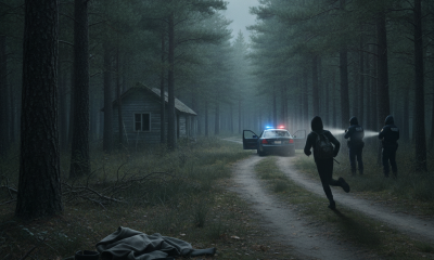 A fugitive running through a forest with police lights in the background; aband — shaftsbury vermont state police fugitive