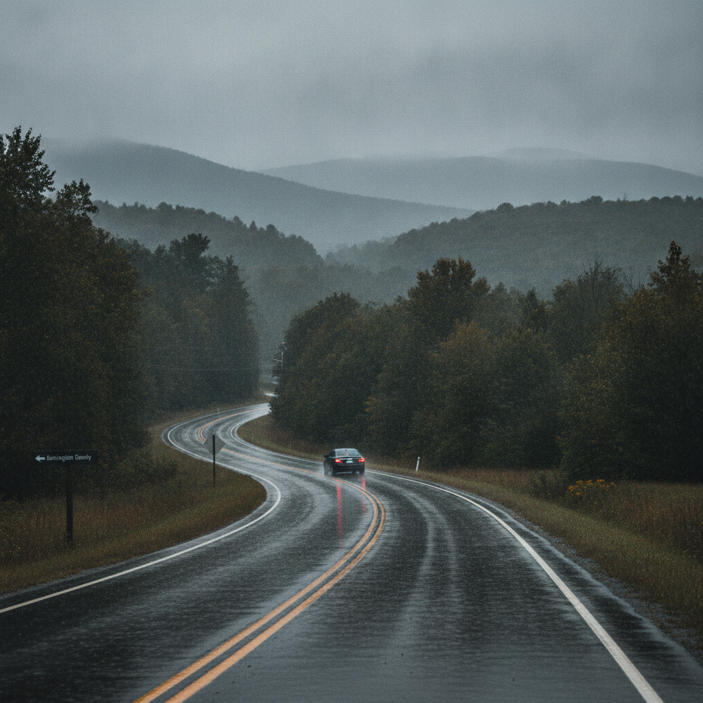 A winding road in Bennington County under rainy, overcast skies, with a car driving through pu — Bennington County weather