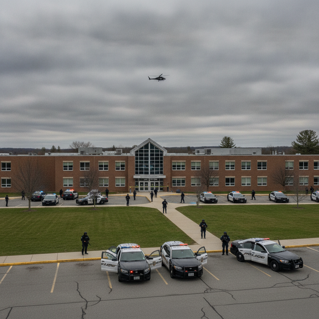 Police vehicles respond outside a building amid Southern Vermont school swatting threats.