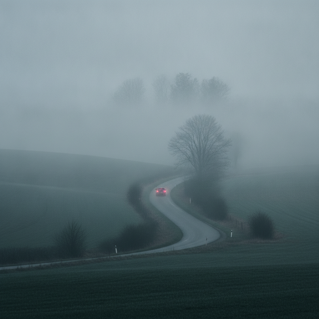 A winding road through a foggy landscape with a red car visible in the distance, illustratin — dense fog Bennington County