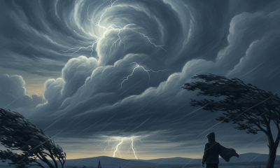 Dramatic storm clouds swirl above a landscape with lightning, as a figure stands in the foregro — Bennington weather alert
