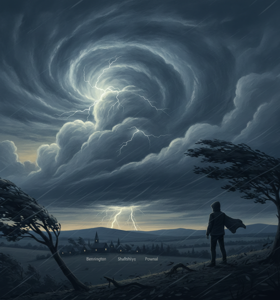 Dramatic storm clouds swirl above a landscape with lightning, as a figure stands in the foregro — Bennington weather alert
