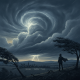 Dramatic storm clouds swirl above a landscape with lightning, as a figure stands in the foregro — Bennington weather alert
