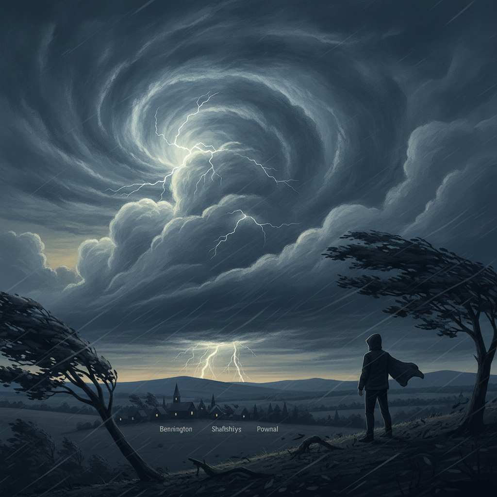Dramatic storm clouds swirl above a landscape with lightning, as a figure stands in the foregro — Bennington weather alert