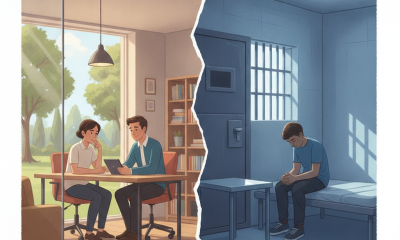 A split illustration showing a young couple discussing in a bright room and a boy sitting alone — juvenile justice reform