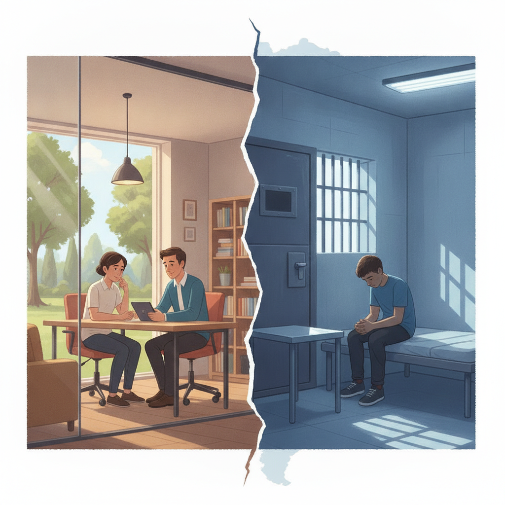 A split illustration showing a young couple discussing in a bright room and a boy sitting alone — juvenile justice reform